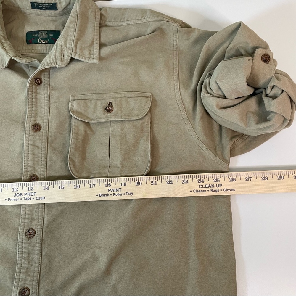 ORVIS Mens XXL Tan Cotton Chamois Button‎ Up Utility Work Shirt Outdoors Rugged - Picture 5 of 8
